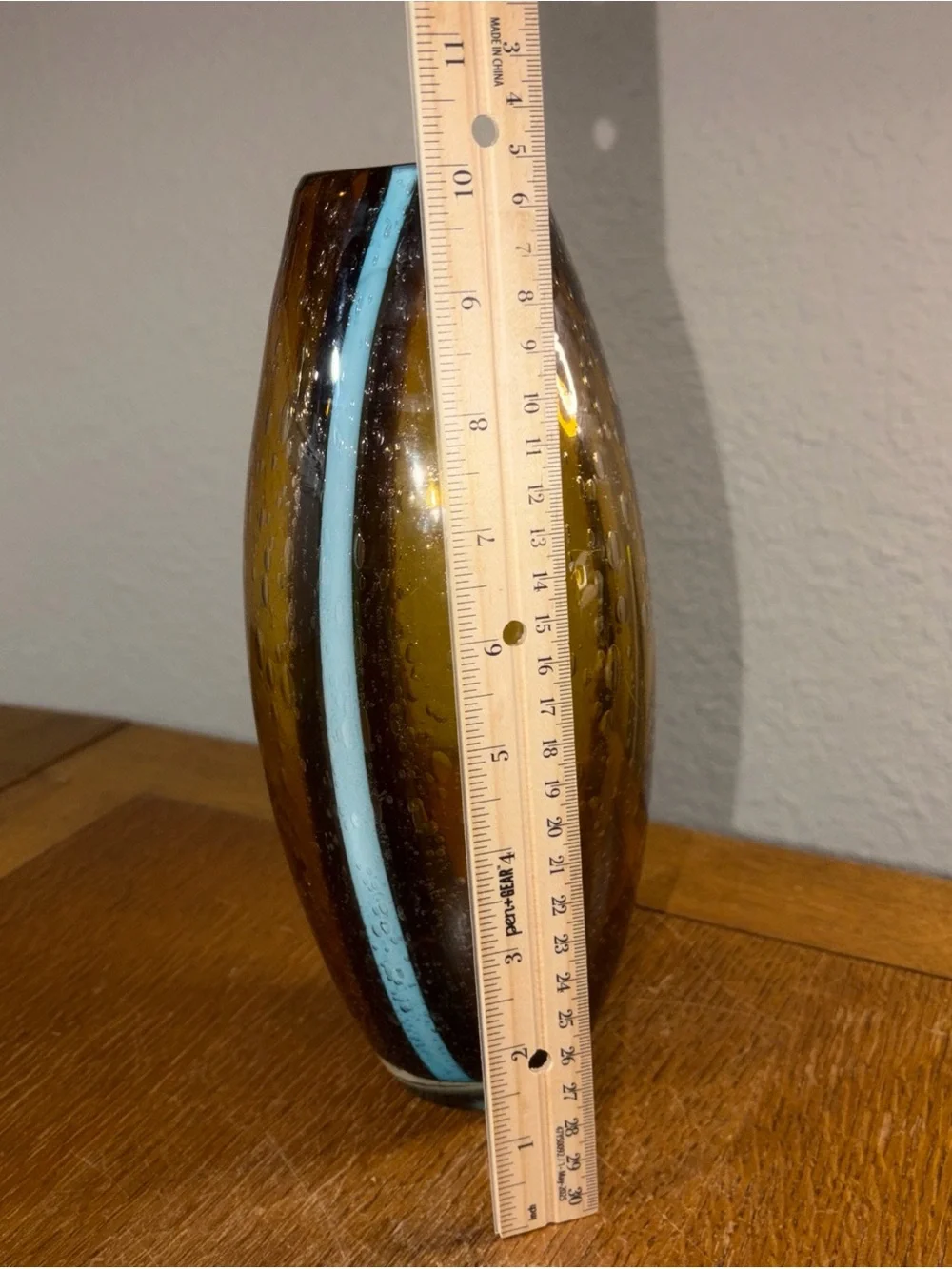 Tall Flower Vase yellow amber with rain drops And Blue Glass  10” Decorative Art
